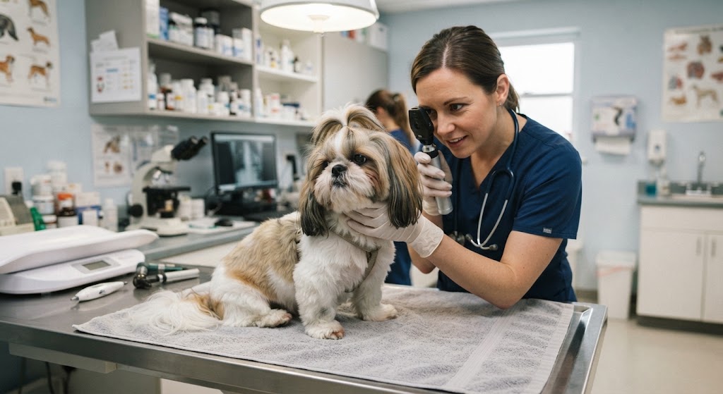Veterinária da Point Dog examinando um cão na clínica